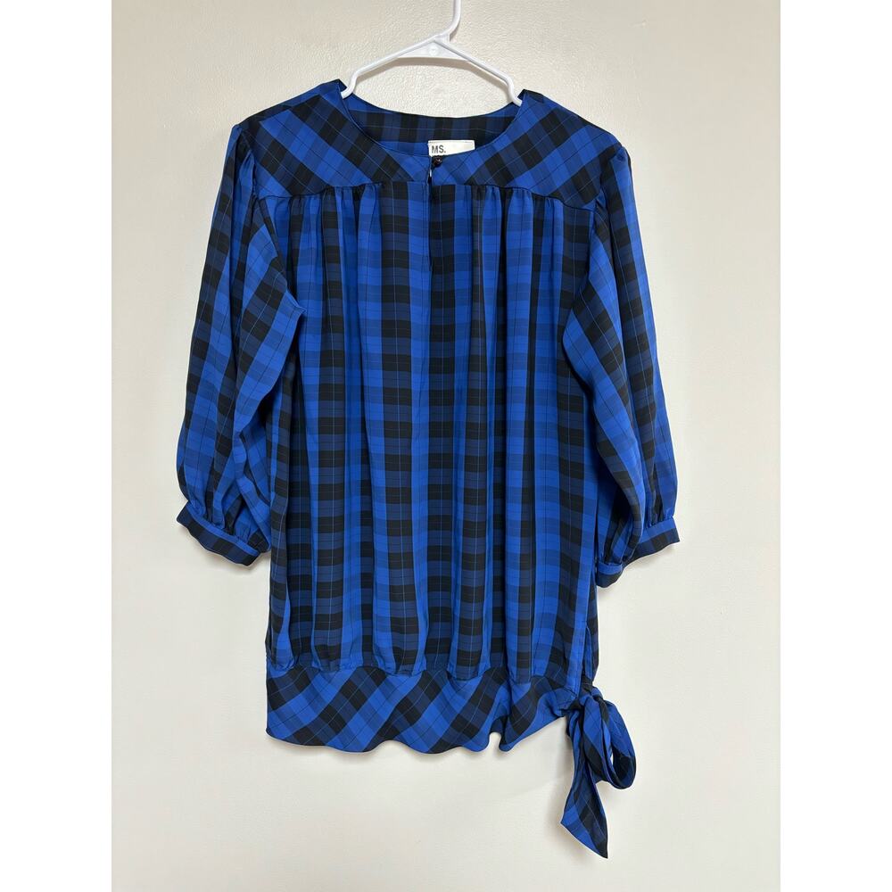Vtg Ms. Paquette top shirt blouse blue black plaid 3/4 sleeves lightweight S